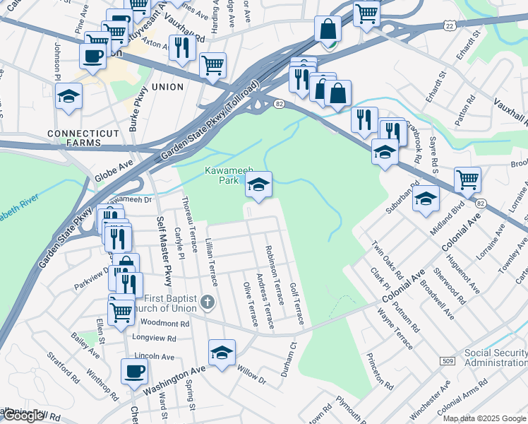 map of restaurants, bars, coffee shops, grocery stores, and more near 490 David Terrace in Union