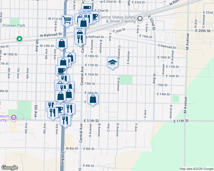 map of restaurants, bars, coffee shops, grocery stores, and more near 1422 C Avenue in Kearney