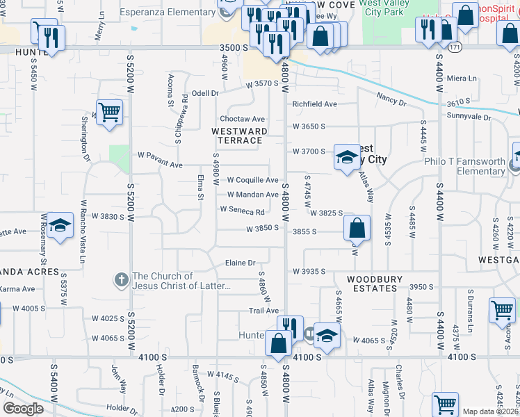 map of restaurants, bars, coffee shops, grocery stores, and more near 4868 West Seneca Road in West Valley City