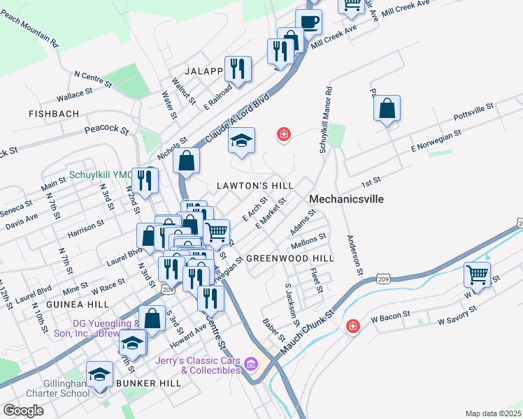 map of restaurants, bars, coffee shops, grocery stores, and more near 519 1/2 East Arch Street in Pottsville