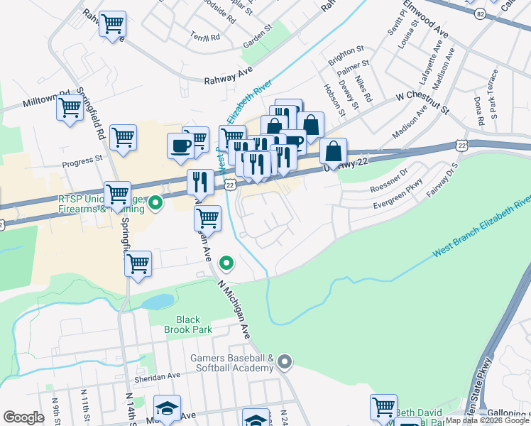 map of restaurants, bars, coffee shops, grocery stores, and more near 221 Broadmoor Court in Union