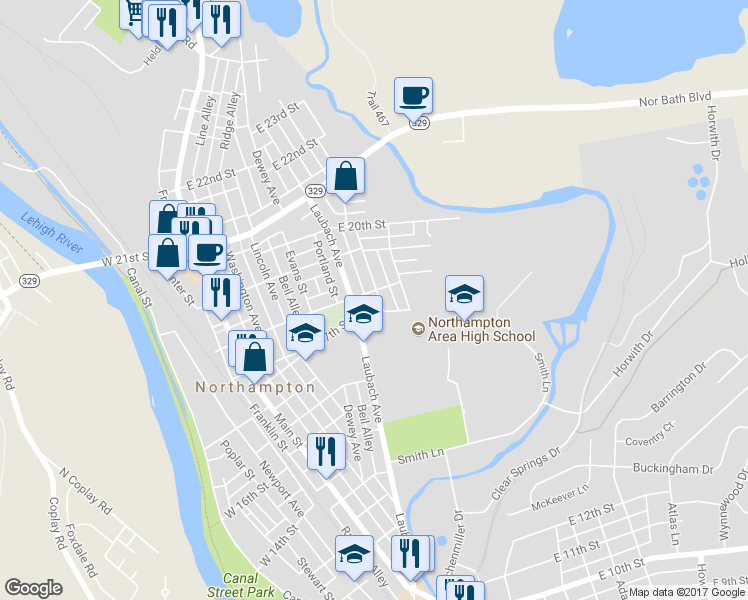 map of restaurants, bars, coffee shops, grocery stores, and more near 1710 Northampton Avenue in Northampton