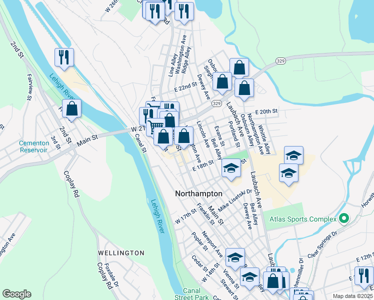 map of restaurants, bars, coffee shops, grocery stores, and more near 18 East 19th Street in Northampton