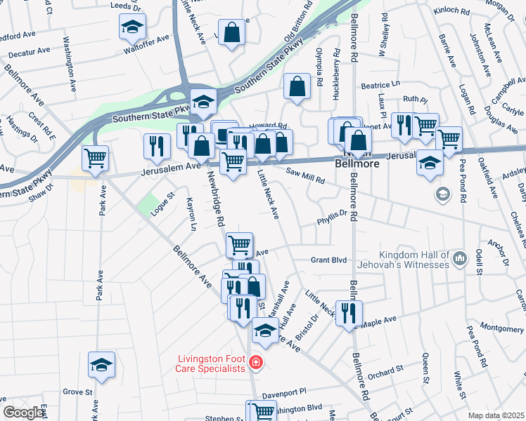 map of restaurants, bars, coffee shops, grocery stores, and more near 2495 Leslie Lane in North Bellmore