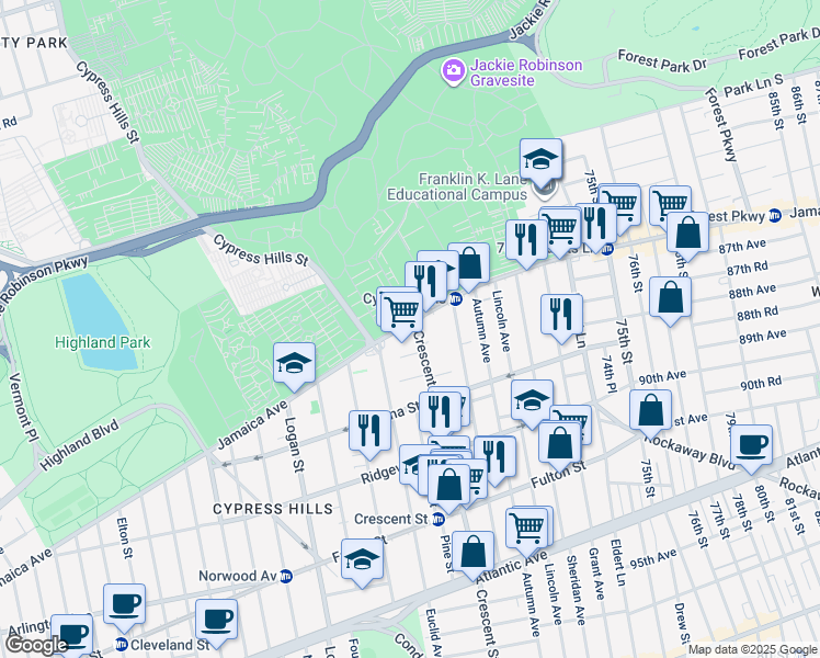 map of restaurants, bars, coffee shops, grocery stores, and more near 838 Jamaica Avenue in Brooklyn