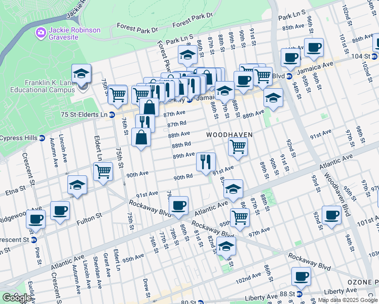 map of restaurants, bars, coffee shops, grocery stores, and more near 80-37 89th Avenue in Queens