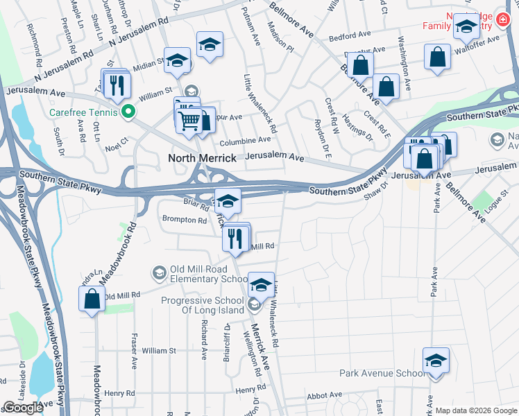 map of restaurants, bars, coffee shops, grocery stores, and more near 1972 Nantucket Road in Merrick