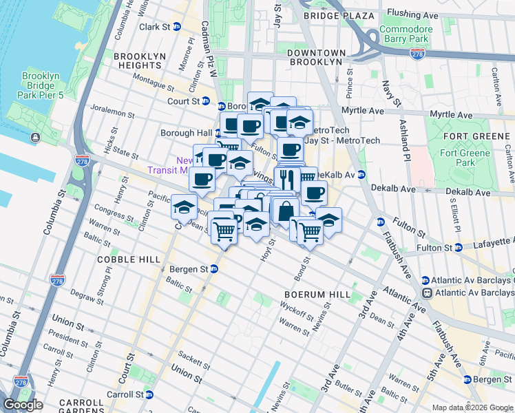 map of restaurants, bars, coffee shops, grocery stores, and more near 285 State Street in Brooklyn
