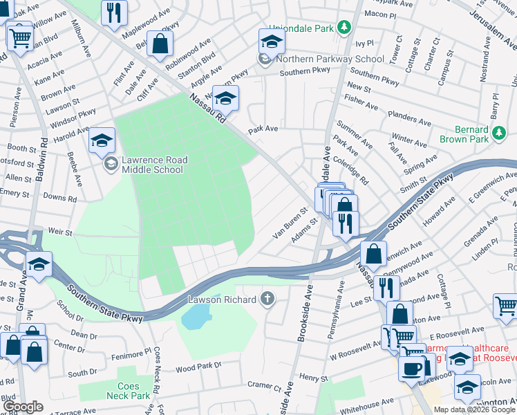 map of restaurants, bars, coffee shops, grocery stores, and more near 1062 Arthur Street in Uniondale