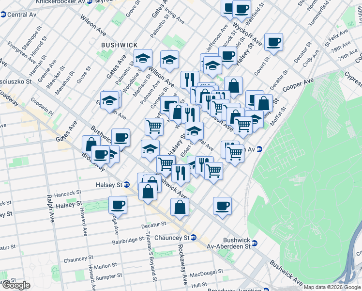 map of restaurants, bars, coffee shops, grocery stores, and more near 155 Eldert Street in Brooklyn