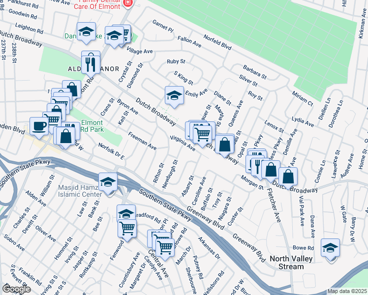 map of restaurants, bars, coffee shops, grocery stores, and more near 75 Newburgh Street in Elmont