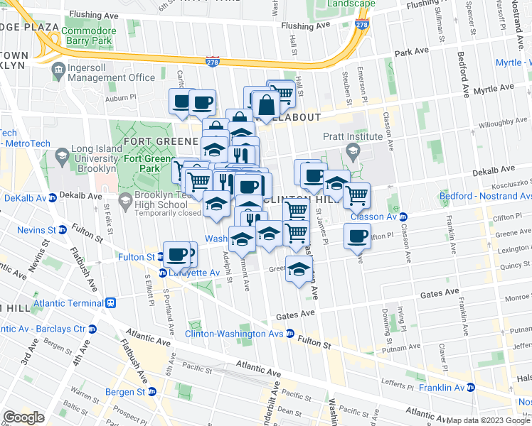 map of restaurants, bars, coffee shops, grocery stores, and more near 304 Clinton Avenue in Brooklyn