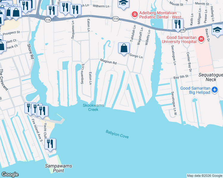 map of restaurants, bars, coffee shops, grocery stores, and more near 41 Davison Lane East in West Islip