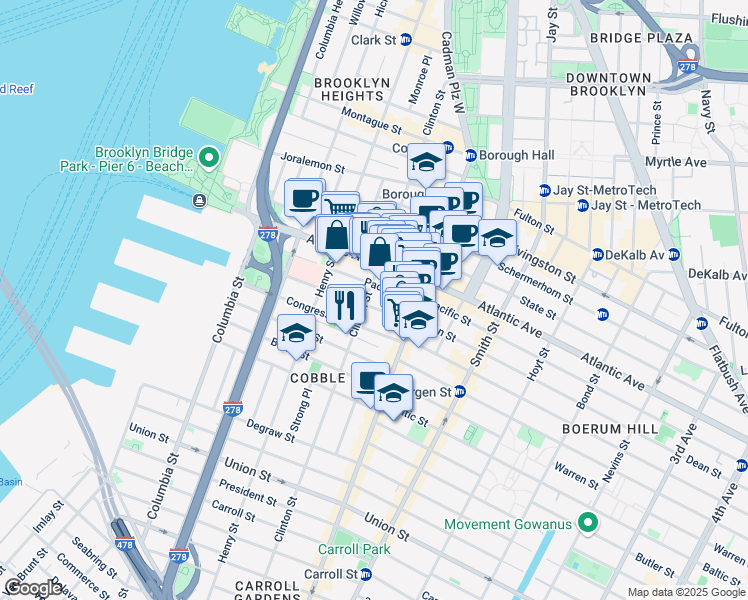 map of restaurants, bars, coffee shops, grocery stores, and more near 236 Clinton Street in Brooklyn