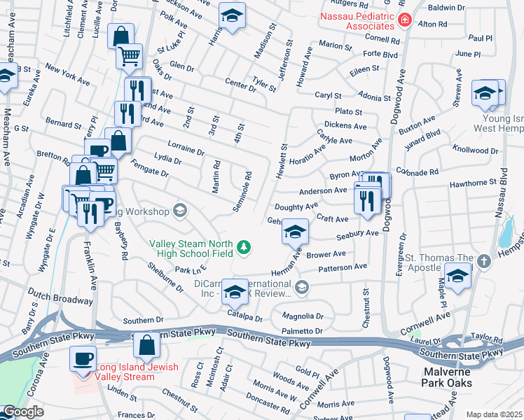 map of restaurants, bars, coffee shops, grocery stores, and more near 678 Hewlett Street in Franklin Square