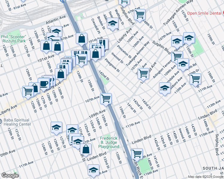 map of restaurants, bars, coffee shops, grocery stores, and more near 138-26 107th Avenue in Queens