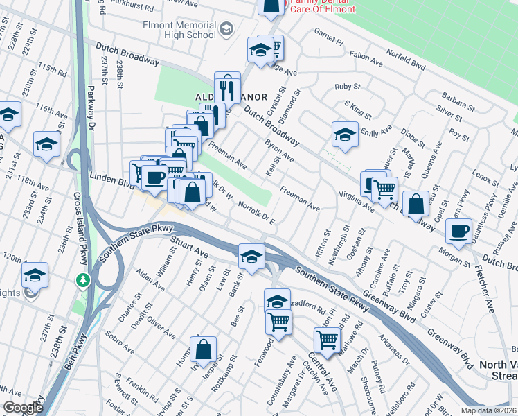 map of restaurants, bars, coffee shops, grocery stores, and more near 30 Norfolk Dr E in Elmont