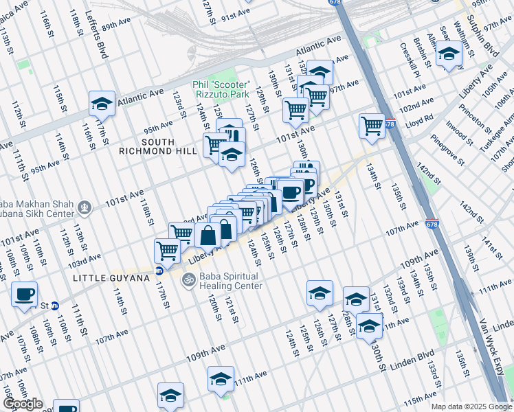 map of restaurants, bars, coffee shops, grocery stores, and more near 103-11 125th Street in Queens