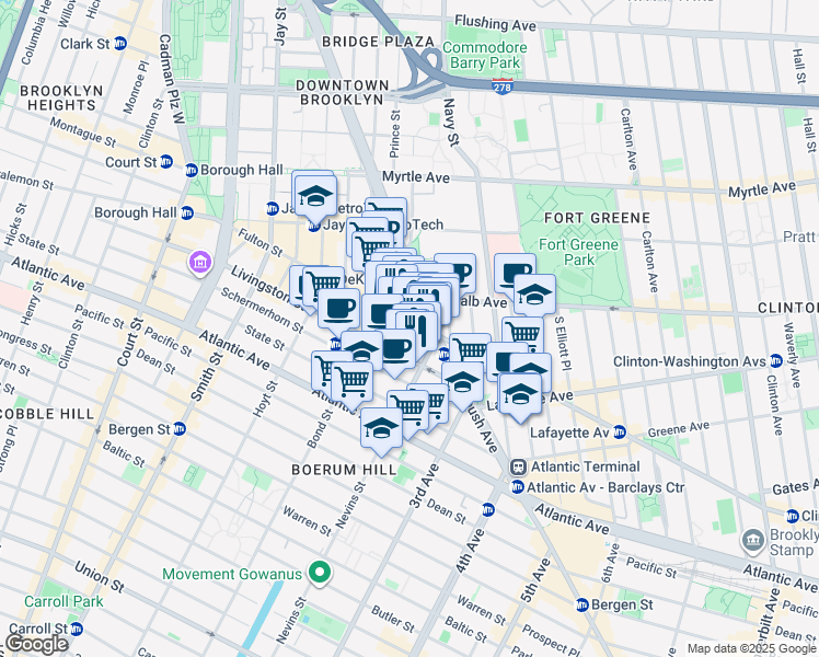 map of restaurants, bars, coffee shops, grocery stores, and more near 532 Fulton Street in Brooklyn