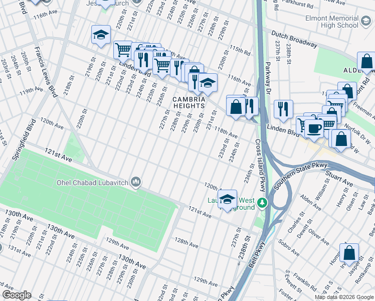 map of restaurants, bars, coffee shops, grocery stores, and more near 119-02 231st Street in Queens