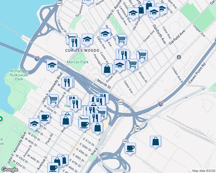 map of restaurants, bars, coffee shops, grocery stores, and more near 119 Merritt Street in Jersey City
