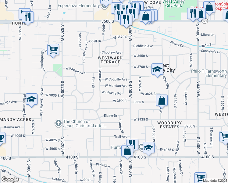 map of restaurants, bars, coffee shops, grocery stores, and more near 4902 West Seneca Road in West Valley City