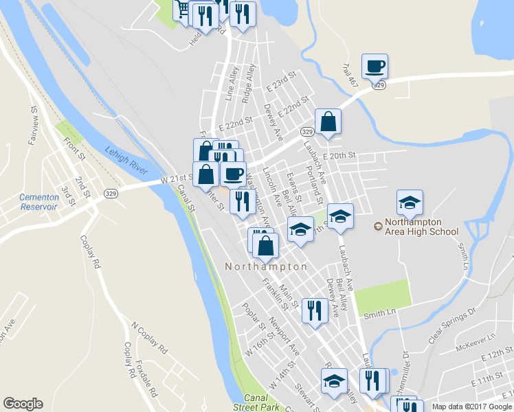 map of restaurants, bars, coffee shops, grocery stores, and more near 1854 Washington Avenue in Northampton