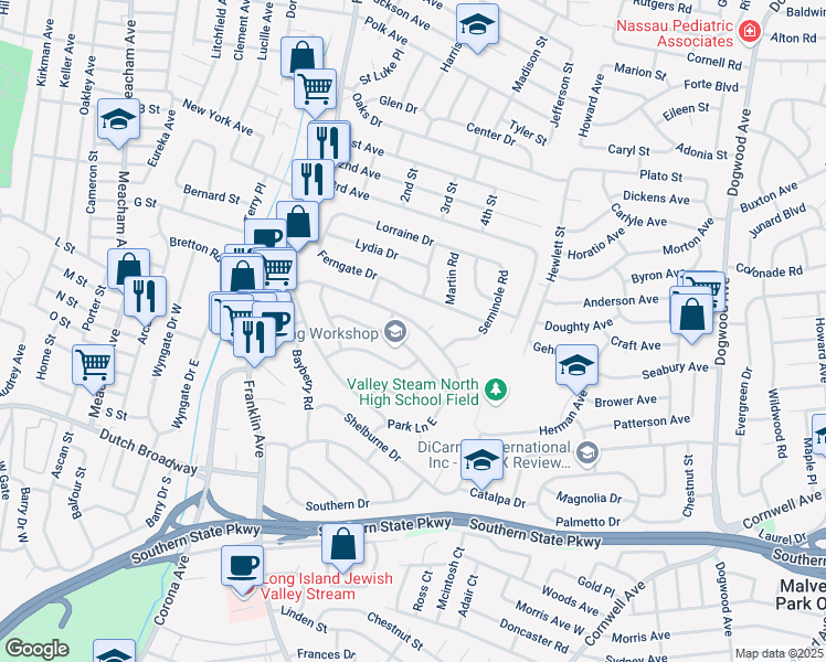 map of restaurants, bars, coffee shops, grocery stores, and more near 1009 Park Lane North in Franklin Square