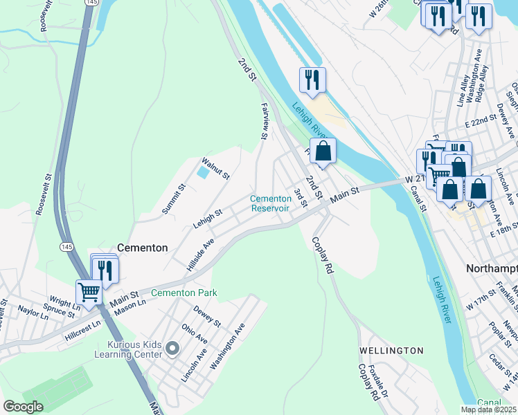 map of restaurants, bars, coffee shops, grocery stores, and more near 5401 Hillside Avenue in Lehigh County