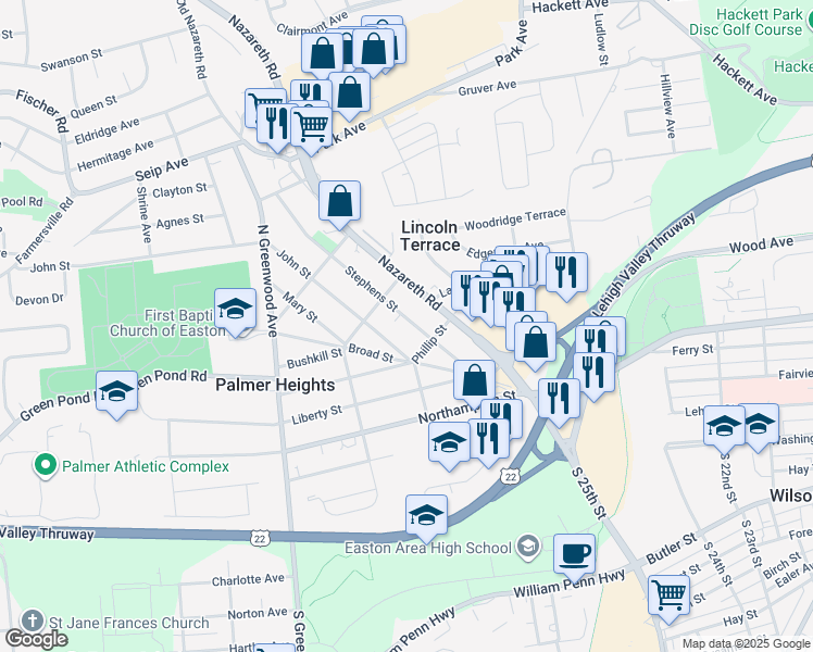 map of restaurants, bars, coffee shops, grocery stores, and more near 2626 Stephens Street in Easton
