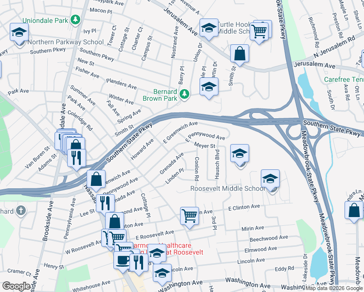 map of restaurants, bars, coffee shops, grocery stores, and more near 186 East Pennywood Avenue in Roosevelt
