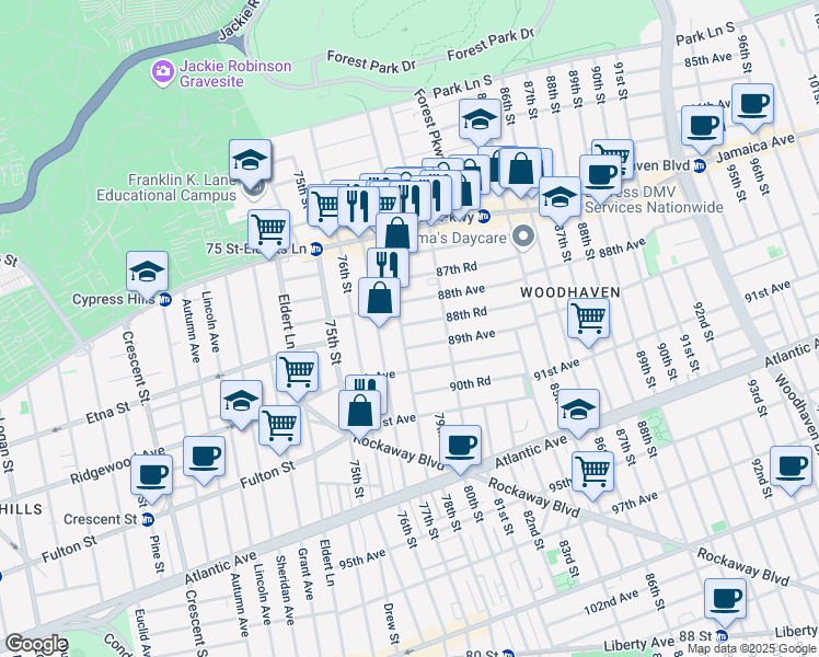 map of restaurants, bars, coffee shops, grocery stores, and more near 88-29 78th Street in Queens