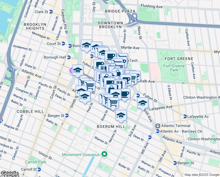map of restaurants, bars, coffee shops, grocery stores, and more near 240 Livingston Street in Brooklyn