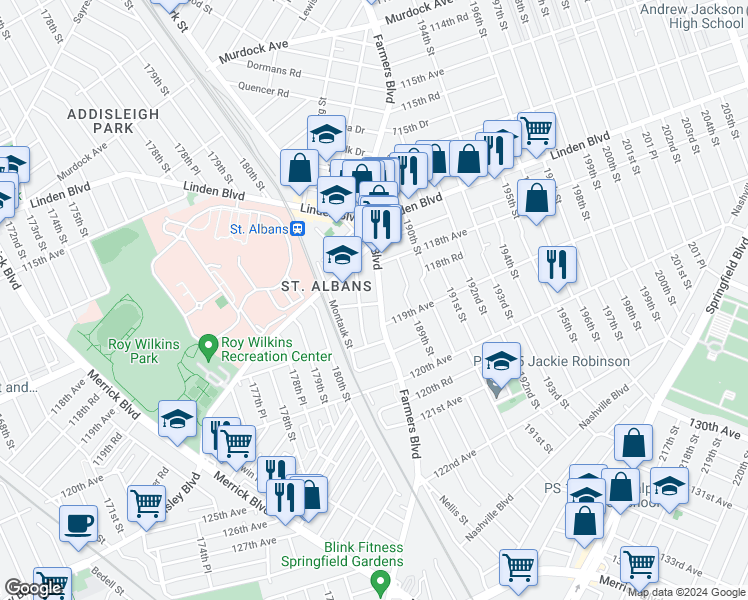 map of restaurants, bars, coffee shops, grocery stores, and more near 118-42 Farmers Boulevard in Queens