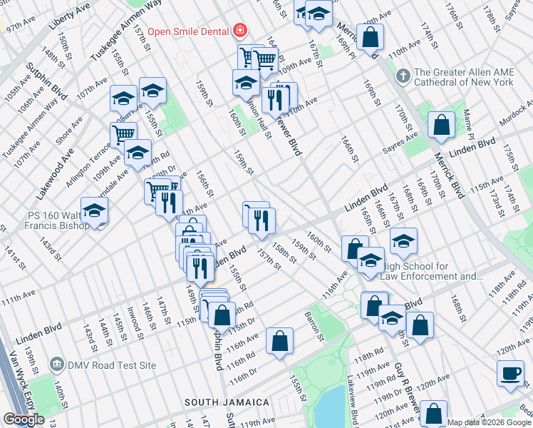 map of restaurants, bars, coffee shops, grocery stores, and more near 112-22 159th Street in Queens