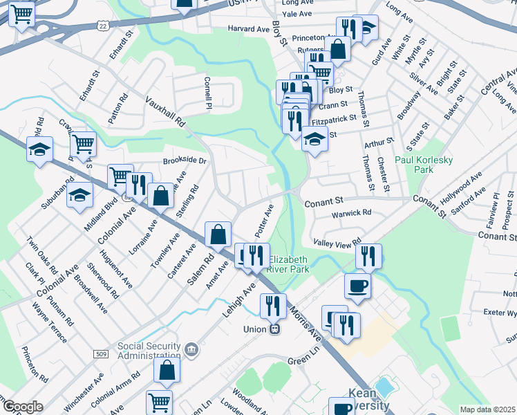 map of restaurants, bars, coffee shops, grocery stores, and more near 1091 Salem Road in Union