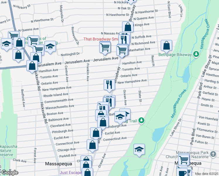 map of restaurants, bars, coffee shops, grocery stores, and more near 177 Rhode Island Avenue in Massapequa
