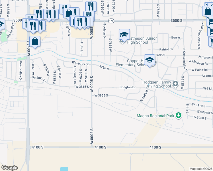 map of restaurants, bars, coffee shops, grocery stores, and more near 7906 Bridgton Dr in Magna