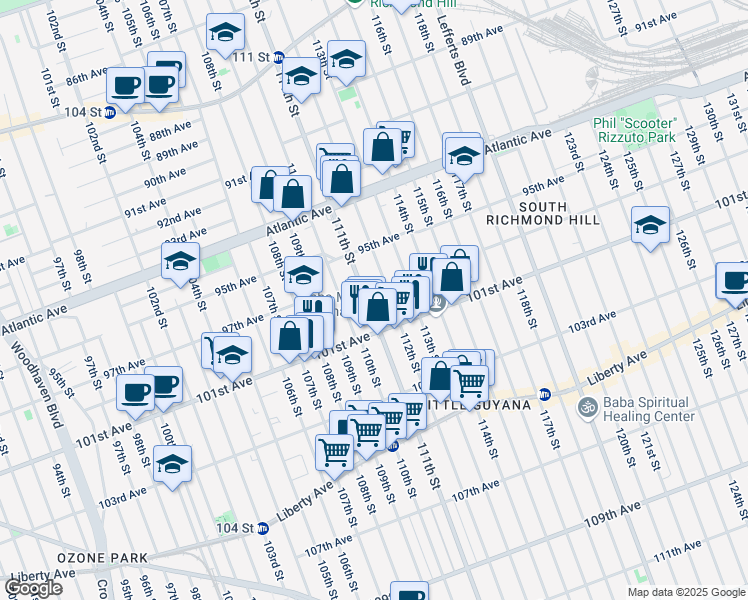 map of restaurants, bars, coffee shops, grocery stores, and more near 95-55 111th Street in Queens