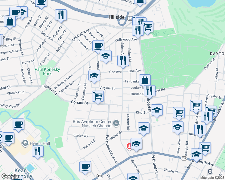 map of restaurants, bars, coffee shops, grocery stores, and more near 128 Virginia Street in Hillside