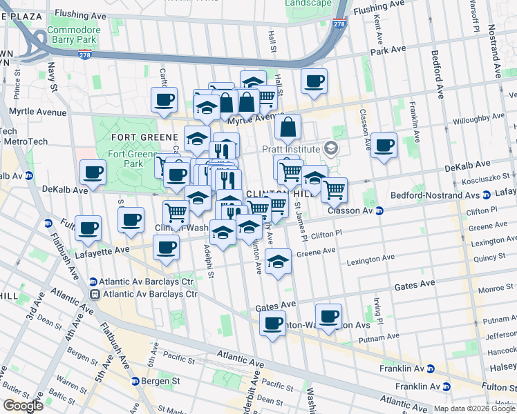 map of restaurants, bars, coffee shops, grocery stores, and more near 304 Clinton Avenue in Brooklyn