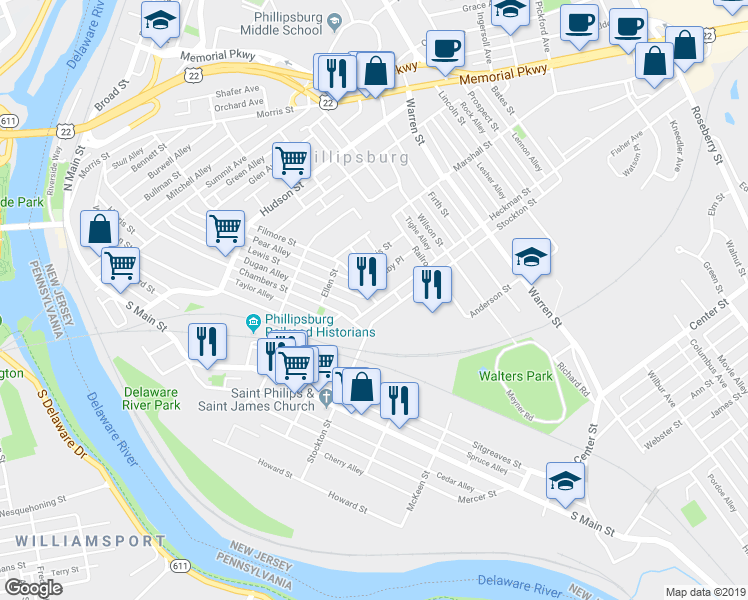 map of restaurants, bars, coffee shops, grocery stores, and more near 305 Filmore Street in Phillipsburg