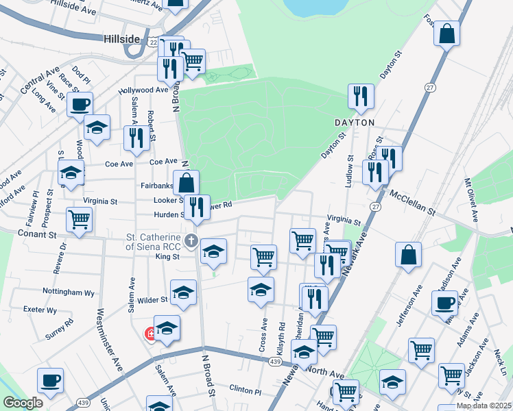 map of restaurants, bars, coffee shops, grocery stores, and more near 1401 Lower Road in Elizabeth