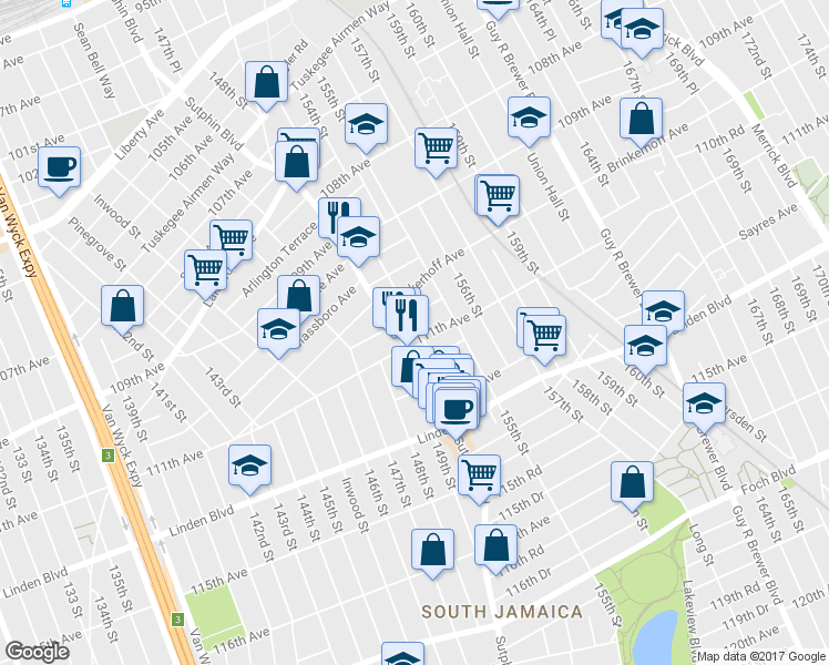 map of restaurants, bars, coffee shops, grocery stores, and more near 110-36 153rd Street in Queens
