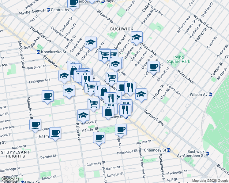 map of restaurants, bars, coffee shops, grocery stores, and more near 984 Madison Street in Brooklyn
