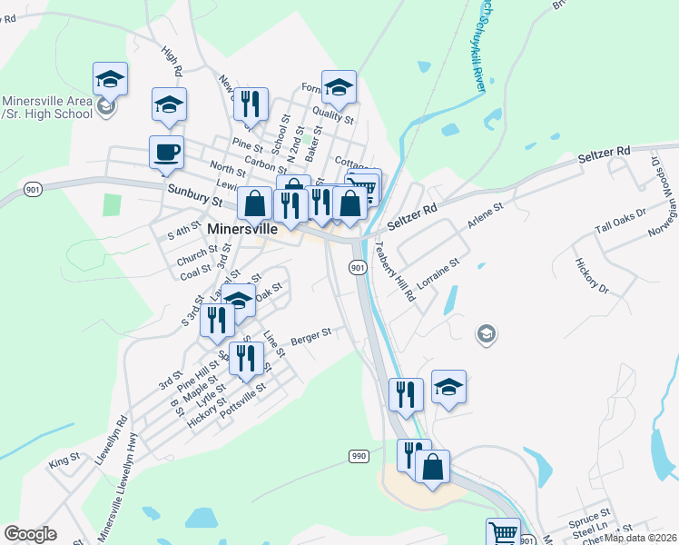 map of restaurants, bars, coffee shops, grocery stores, and more near 101 South Delaware Avenue in Minersville