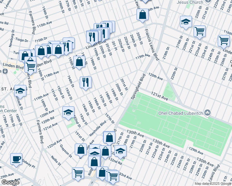 map of restaurants, bars, coffee shops, grocery stores, and more near 120-41 199th Street in Queens
