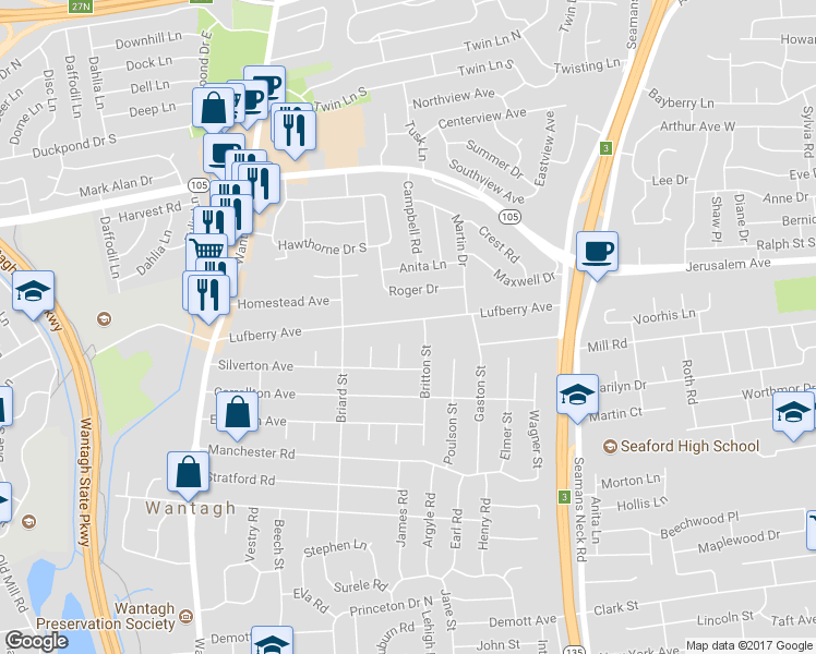 map of restaurants, bars, coffee shops, grocery stores, and more near 3562 Lufberry Avenue in Wantagh