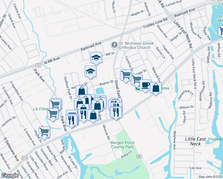 map of restaurants, bars, coffee shops, grocery stores, and more near 14 Abbott Street in West Babylon