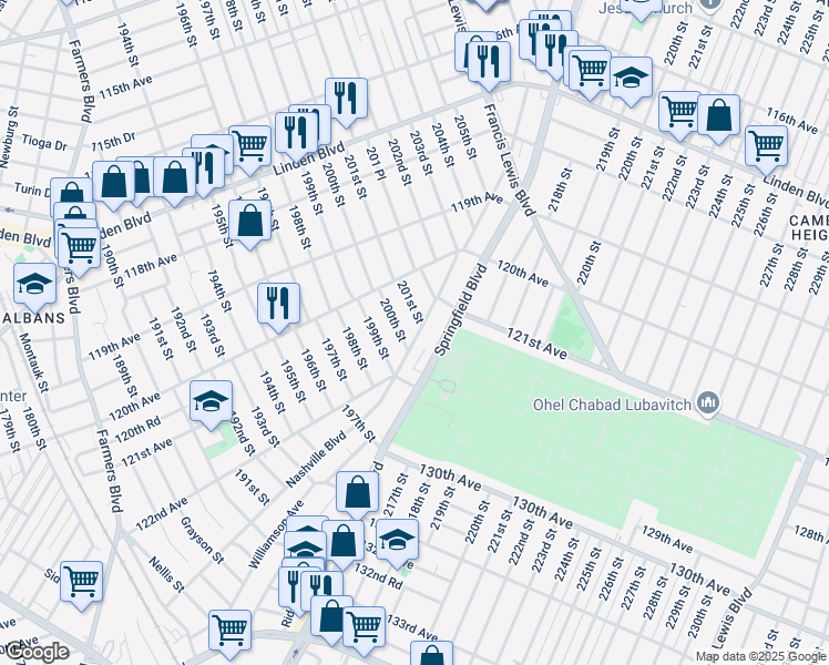 map of restaurants, bars, coffee shops, grocery stores, and more near 12136 Nashville Boulevard in Queens